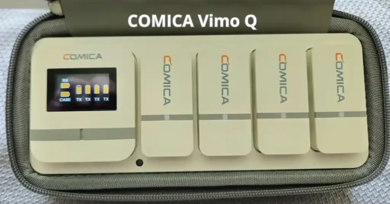 Primer plano del COMICA Vimo Q mostrando sus características avanzadas de conectividad y control de audio.