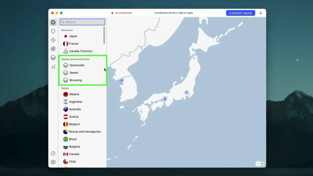 Interfaz de NordVPN en Mac mostrando la selección de servidores y países para conectarse a una VPN.