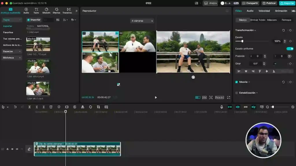 Captura de pantalla del editor de video CapCut, mostrando la función multicámara con varias tomas de una entrevista en exteriores.