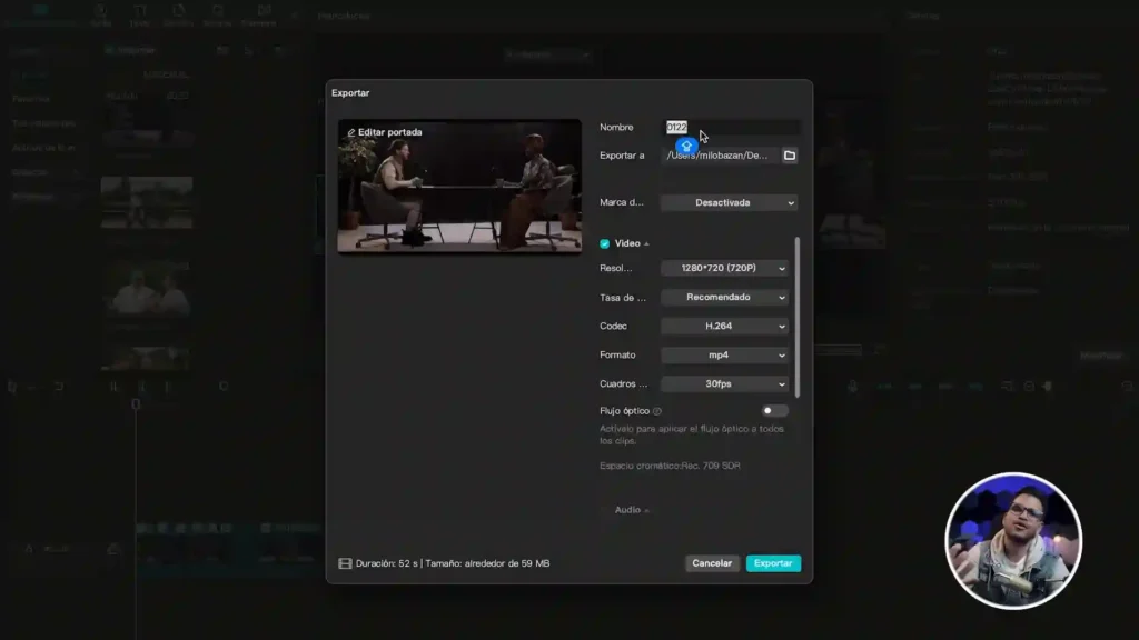 Captura de pantalla del proceso de exportación de video en CapCut, mostrando opciones como resolución, tasa de bits, códec, formato y cuadros por segundo.
