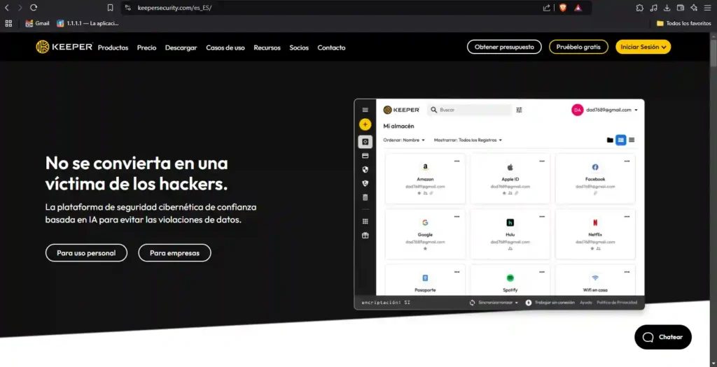 Captura de la página oficial de Keeper Security mostrando su interfaz de gestión de contraseñas para uso personal y empresarial.
