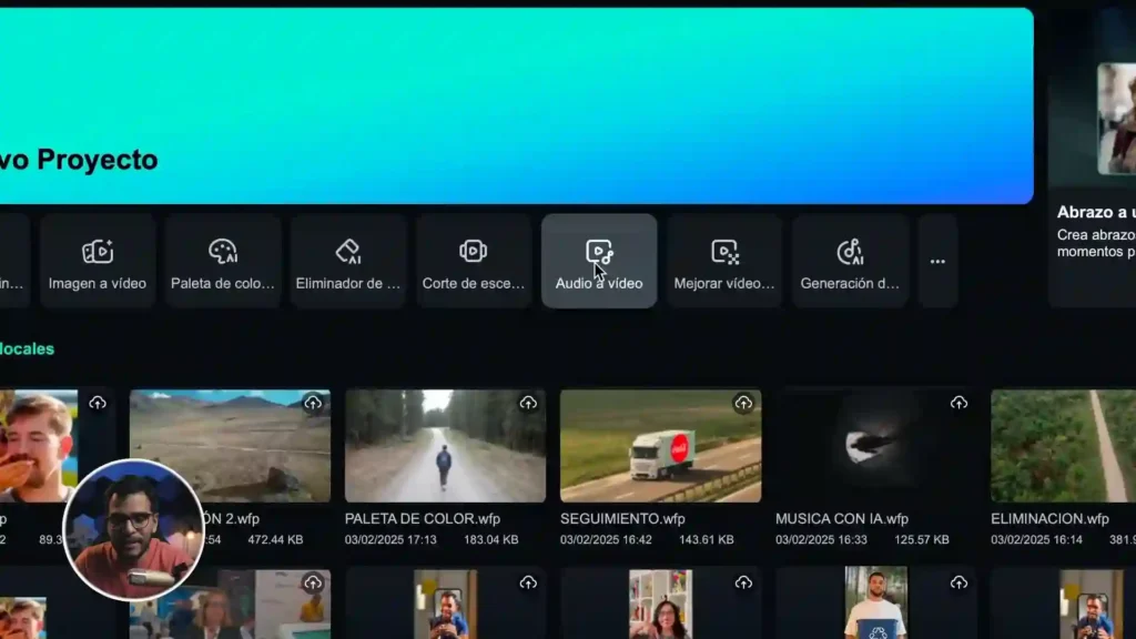 Interfaz de Filmora 14 mostrando herramientas de conversión de audio a video con IA, paleta de colores y eliminación de fondo.