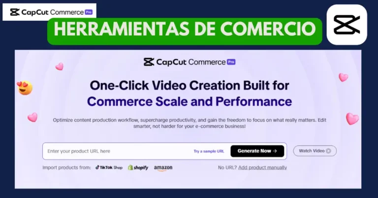 Interfaz de CapCut Commerce Pro mostrando herramientas de edición para videos de productos: plantillas personalizables, resaltado de características y opciones de texto a voz con IA.