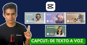 Interfaz de CapCut mostrando la herramienta de Texto a Voz con opciones de personalización y voces generadas por IA.