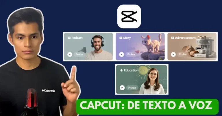 Interfaz de CapCut mostrando la herramienta de Texto a Voz con opciones de personalización y voces generadas por IA.