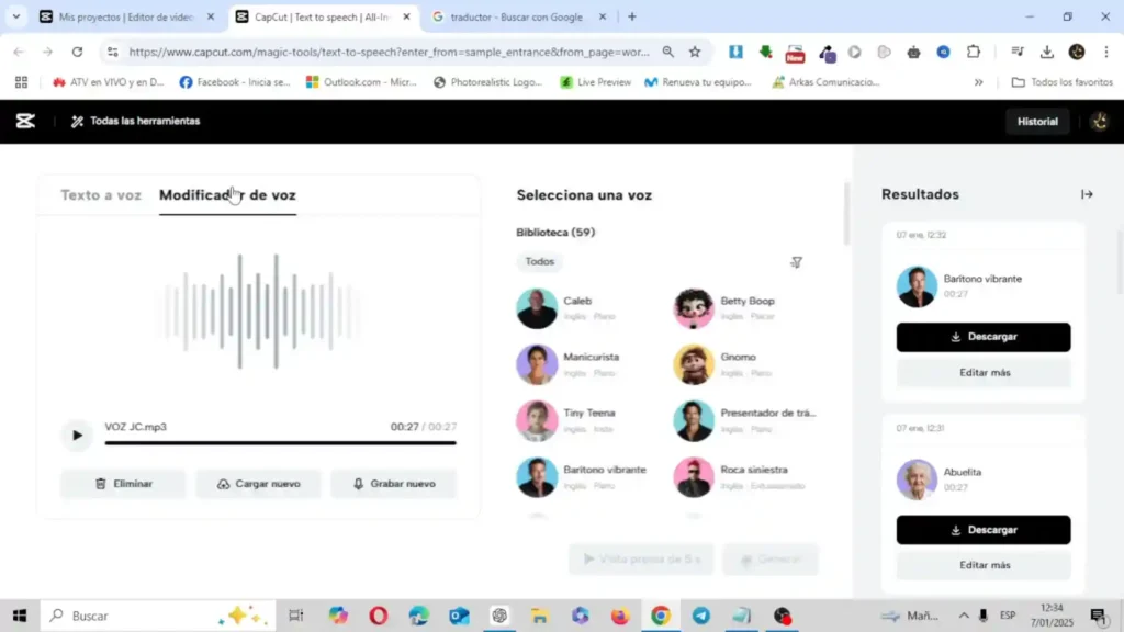 Interfaz de CapCut mostrando características adicionales como efectos especiales, transiciones, filtros y herramientas de edición avanzada.