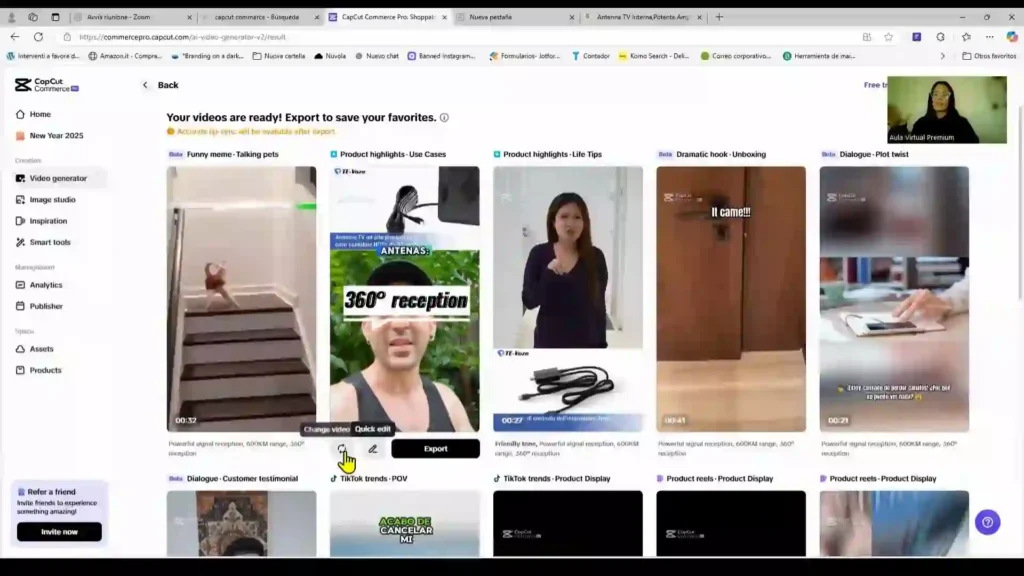 Interfaz de CapCut Commerce Pro 2025 mostrando herramientas clave como plantillas inteligentes, integración de IA, análisis de datos y edición avanzada para videos de productos.