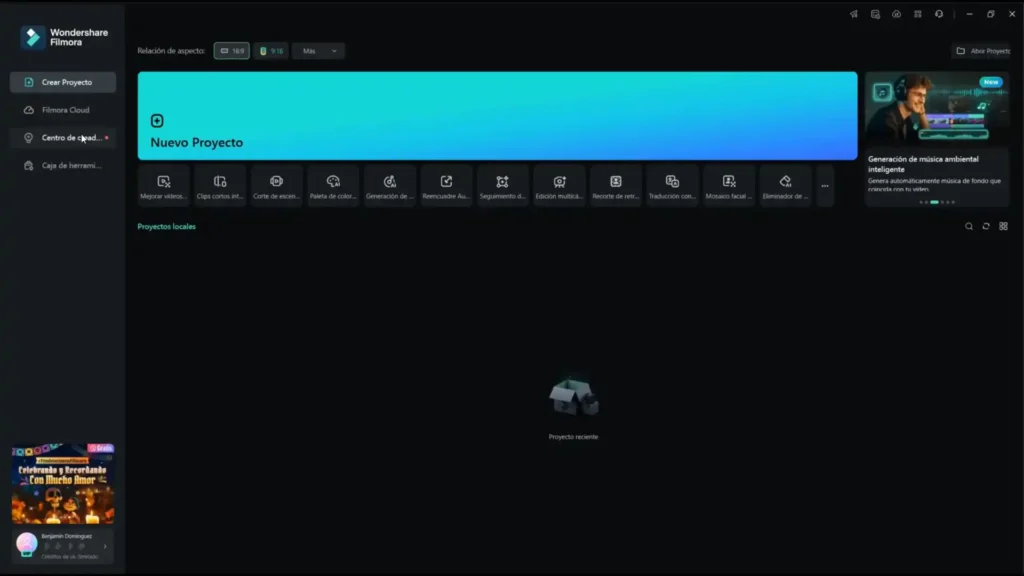 Interfaz de Filmora 14 mostrando el Centro de Creadores y la Caja de Herramientas, con opciones de plantillas, efectos y recursos para edición.