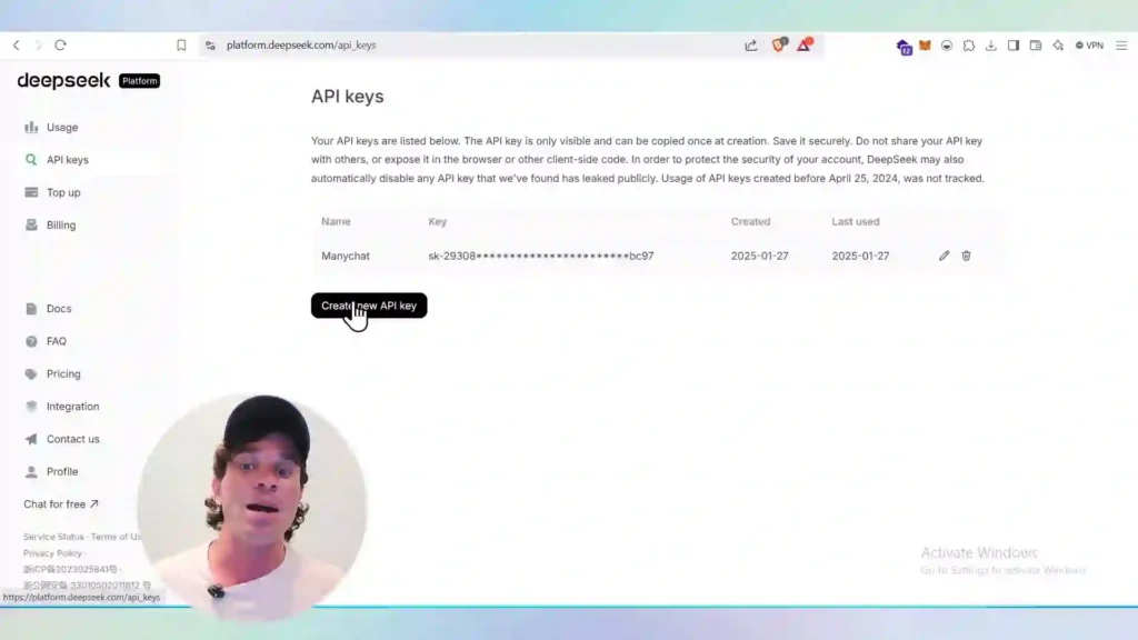 Interfaz de DeepSeek mostrando el proceso de obtención y configuración de la API para integraciones avanzadas.