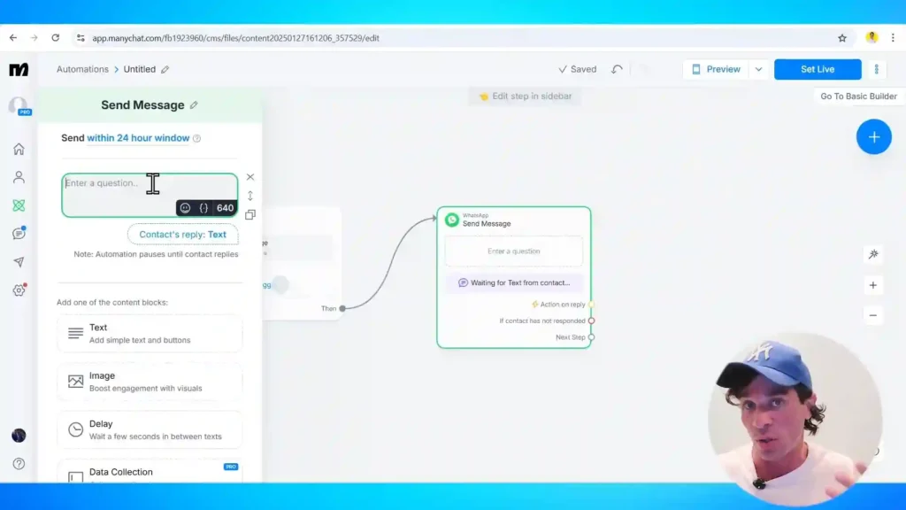 Interfaz de ManyChat mostrando la configuración de respuestas automatizadas y opciones de mensajes.
