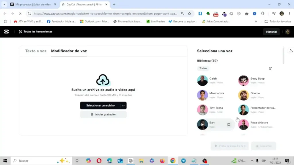 Interfaz de CapCut mostrando la herramienta de Texto a Voz, con opciones de personalización de voces, tonos y estilos generados por IA.