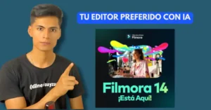 Interfaz de Filmora 14 mostrando herramientas de edición de video como cortes, transiciones y efectos especiales.