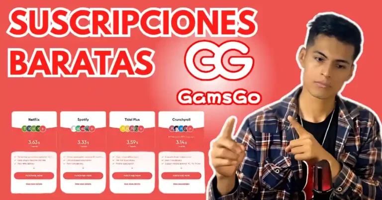 nterfaz de Gamsgo mostrando ofertas y descuentos en plataformas de streaming como Netflix, Disney+ y HBO Max.