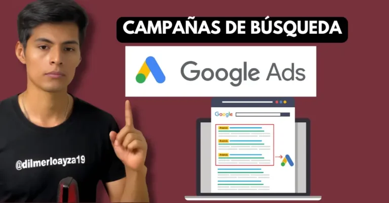 Interfaz de Google Ads mostrando el proceso de creación de campañas de búsqueda, incluyendo selección de palabras clave y configuración de presupuestos.