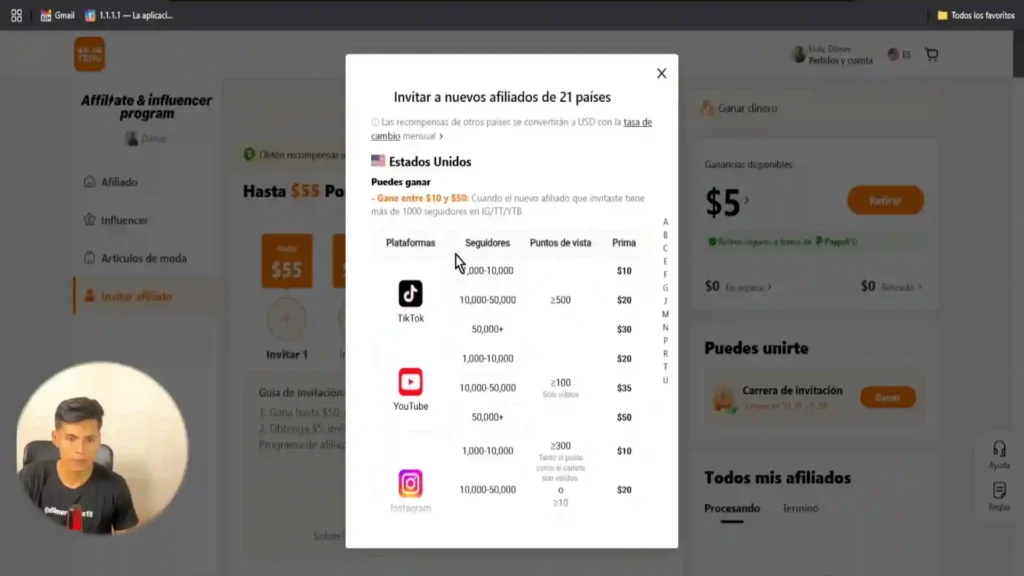 Interfaz del Programa de Afiliados mostrando opciones para invitar a nuevos miembros y gestionar tu red.
