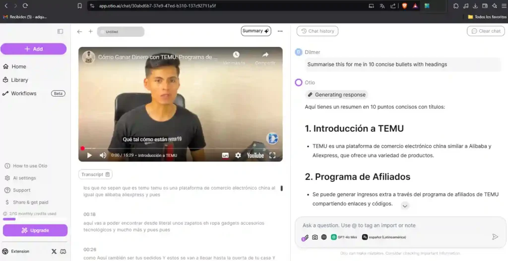 Uso de Otio.io para transcribir y resumir un video del canal DilmerLoayza19.