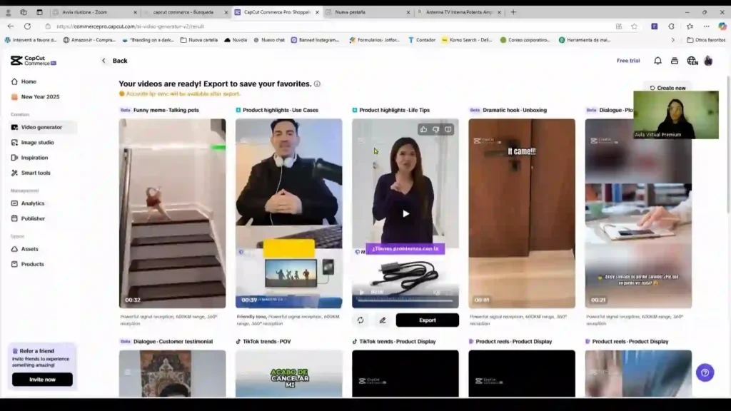 Interfaz de CapCut Commerce Pro 2025 mostrando recomendaciones prácticas para optimizar videos comerciales, como uso de plantillas, análisis de datos y ajustes de IA