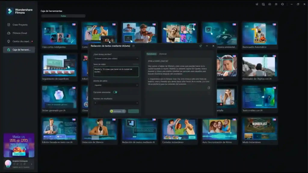 Interfaz de Filmora 14 mostrando herramientas de redacción de textos y creación de proyectos, incluyendo opciones de diseño y edición.