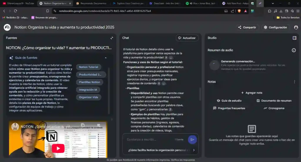 Interfaz de Notebook LM mostrando la función de resumen de videos de YouTube, específicamente del canal DilmerLoayza19.
