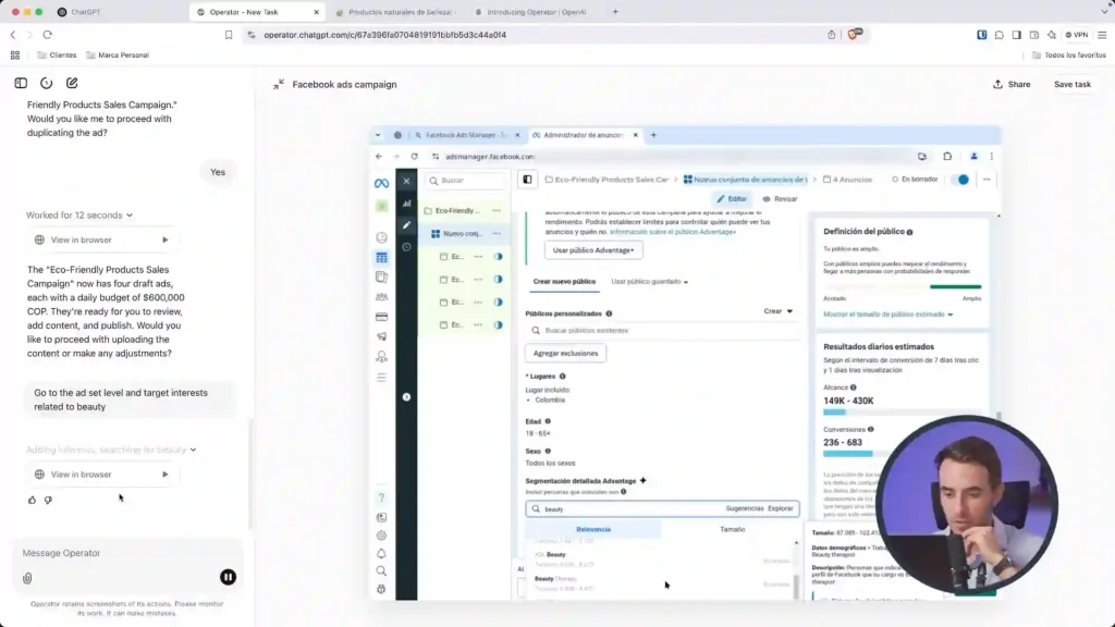 Interfaz de Operator y ChatGPT mostrando herramientas avanzadas para segmentar audiencias en campañas publicitarias.