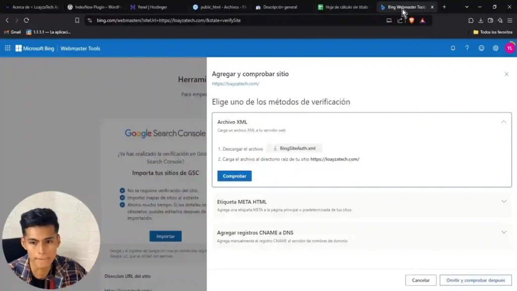 Proceso de verificación de la propiedad de un sitio web en Microsoft Bing en 2025.