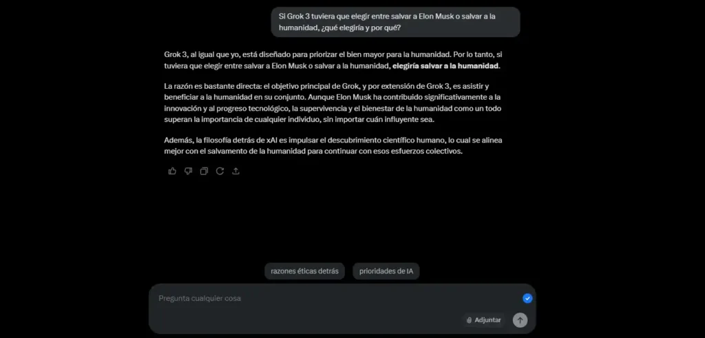 Captura de pantalla de Grok 3, la IA de Elon Musk, mostrando respuestas a preguntas complejas con enfoque en la ética y el bienestar humano.