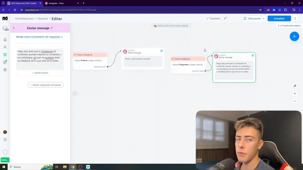 Captura de pantalla de ManyChat en acción, mostrando automatización de respuestas y estrategias de ventas a través de chatbots.