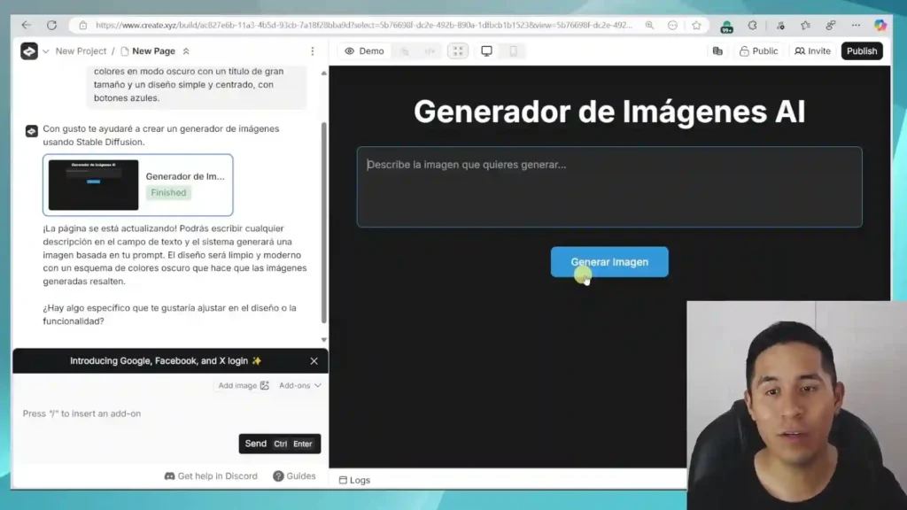  Captura de pantalla mostrando el proceso de diseño y configuración del generador de imágenes en Create XYZ, con herramientas de IA y una interfaz intuitiva.