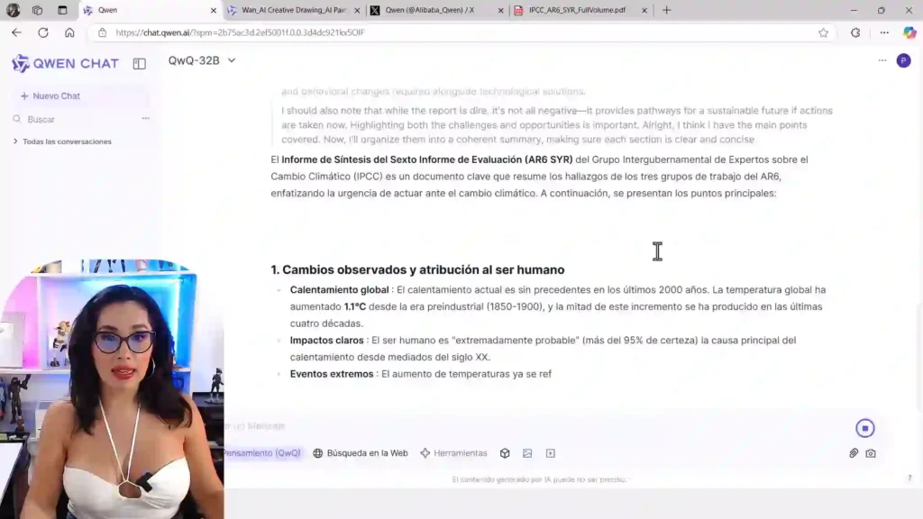 Captura de pantalla mostrando Qwen 32b en acción, integrándose en un entorno digital para automatizar tareas y generar contenido.