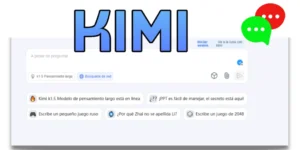 Imagen representando a Kimi, el asistente digital amigable, interactuando con un usuario en un entorno digital futurista.
