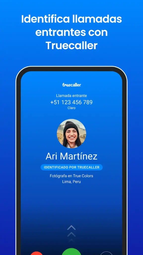 Interfaz de Truecaller mostrando la identificación de llamadas en tiempo real, bloqueo de spam y opciones de personalización para iPhone y Android.