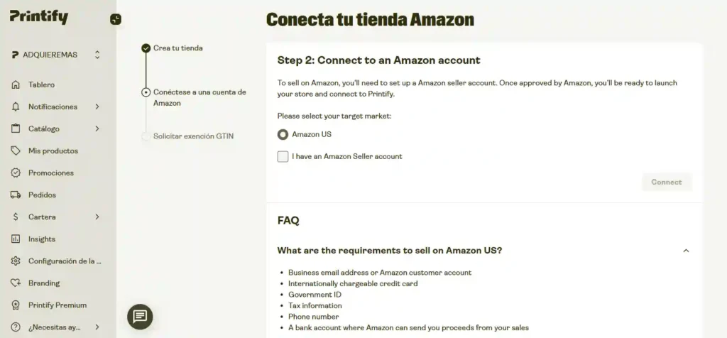 Crea y vende productos personalizados con Printify y Amazon 3 Captura de pantalla que muestra la integración entre Printify y una tienda de Amazon, destacando opciones de sincronización y gestión de productos impresos bajo demanda.