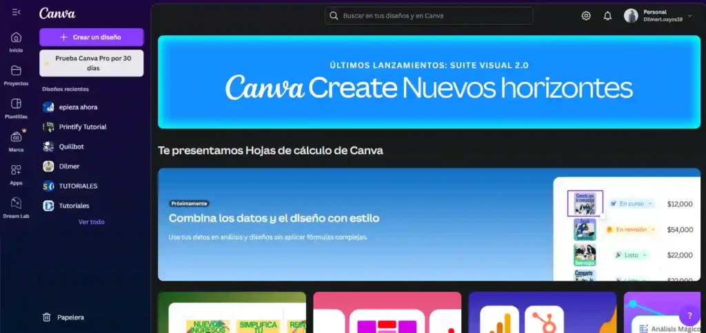 Novedades de Canva: lo último en inteligencia artificial 2 Captura de pantalla de la renovada interfaz de Canva 2025 mostrando el panel unificado de Visual Suite 2.0, con accesos a presentaciones, hojas de cálculo (Canva Sheets), editor de código (Canva Code) y asistentes de IA.