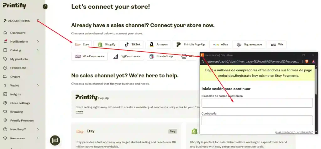 Cómo Ganar Dinero con Etsy y Printify 2 Captura de pantalla que muestra la interfaz de Printify y Etsy integradas, con ejemplos de productos personalizados listos para la venta.
