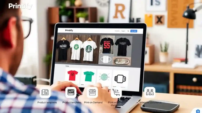 10 Cosas que Debes Saber Antes de Usar Printify 5 Captura de pantalla de la interfaz de Printify en 2025, mostrando opciones de personalización y ejemplos de productos impresos bajo demanda.