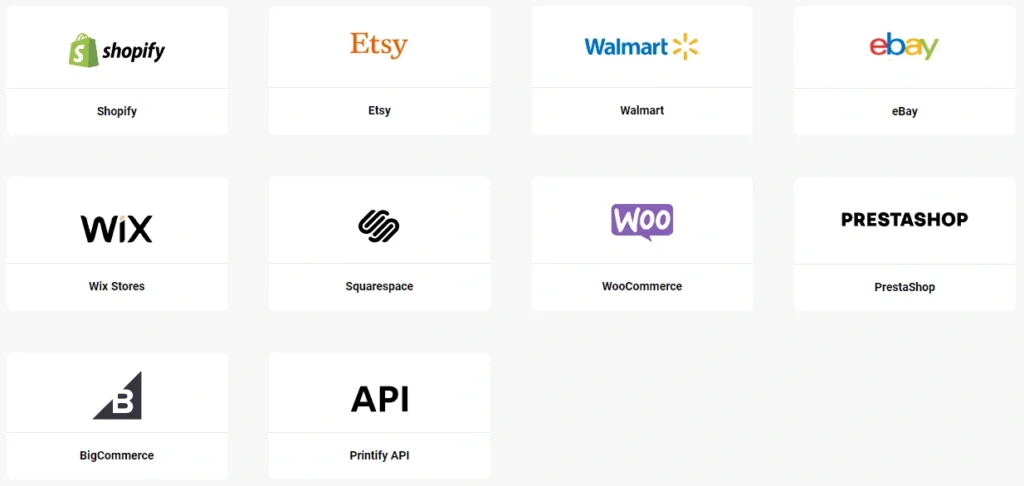 PRINTIFY y SHOPIFY: Crea Productos de Impresión Bajo Demanda 4 Captura de pantalla que muestra las diversas integraciones de Printify con plataformas de e-commerce y herramientas de marketing en 2025.