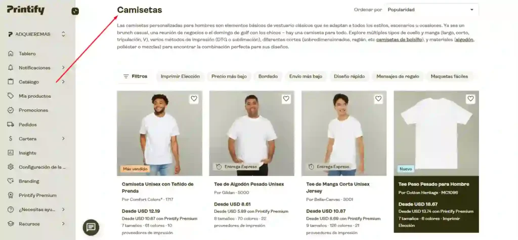 PRINTIFY y SHOPIFY: Crea Productos de Impresión Bajo Demanda 2 Captura de pantalla de la sección de productos de Printify, destacando opciones y filtros para elegir el producto ideal para impresión bajo demanda.