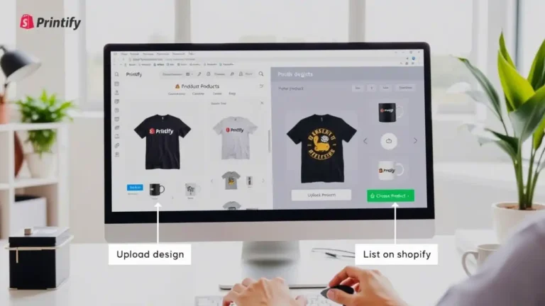 PRINTIFY y SHOPIFY: Crea Productos de Impresión Bajo Demanda 3 Captura de pantalla de la interfaz de Printify mostrando la creación de productos personalizados y su integración con una tienda Shopify en 2025.