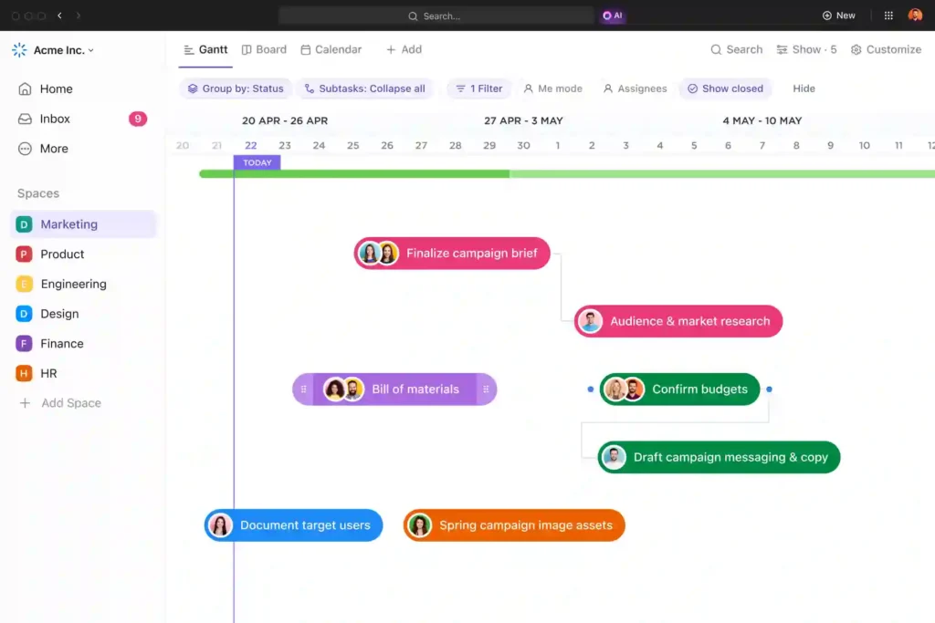 ClickUp: La herramienta de gestión de proyectos más destacada según Forbes 5 Diagrama de Gantt en ClickUp mostrando tareas, dependencias y cronograma con barras de colores
