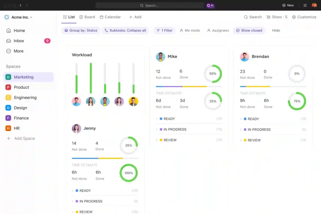 ClickUp: La herramienta de gestión de proyectos más destacada según Forbes 4 Interfaz de ClickUp 2025 mostrando lista de tareas con fechas de entrega, prioridades y estados.