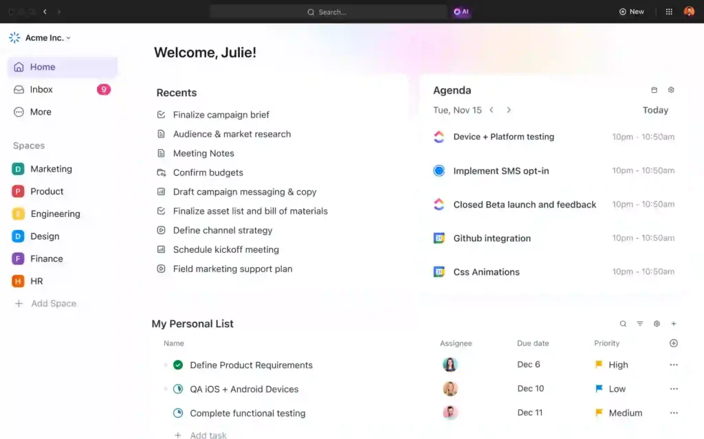 ClickUp: La herramienta de gestión de proyectos más destacada según Forbes 3 Vista de la página de inicio de ClickUp mostrando barra lateral con secciones, resumen de tareas y widgets de actividad.