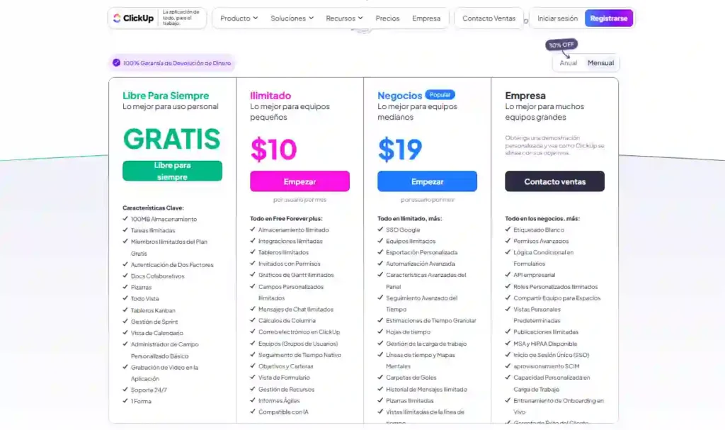 ClickUp: La herramienta de gestión de proyectos más destacada según Forbes 2 Tabla comparativa de los planes y precios de ClickUp 2025 con características de cada nivel.