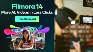 Banner de Filmora 14 con texto “More AI, Videos in Less Clicks”, botón “Free Download” y una creadora frente a su ordenador con colores vibrantes