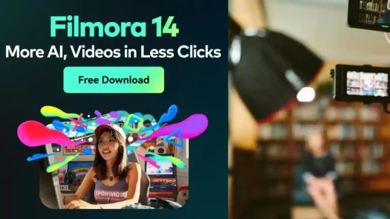 Banner de Filmora 14 con texto “More AI, Videos in Less Clicks”, botón “Free Download” y una creadora frente a su ordenador con colores vibrantes