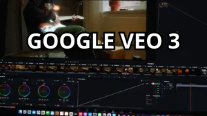 Pantalla de Google VEO 3 con una vista de línea de tiempo de video, ruedas de color y el texto “GOOGLE VEO 3” superpuesto sobre la ventana de previsualización