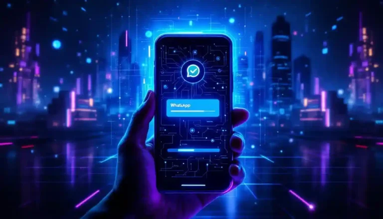 Mano sosteniendo un smartphone con interfaz futurista de DeepSeek que muestra el logo de WhatsApp integrado sobre un fondo de ciudad digital en tonos azules y magentas