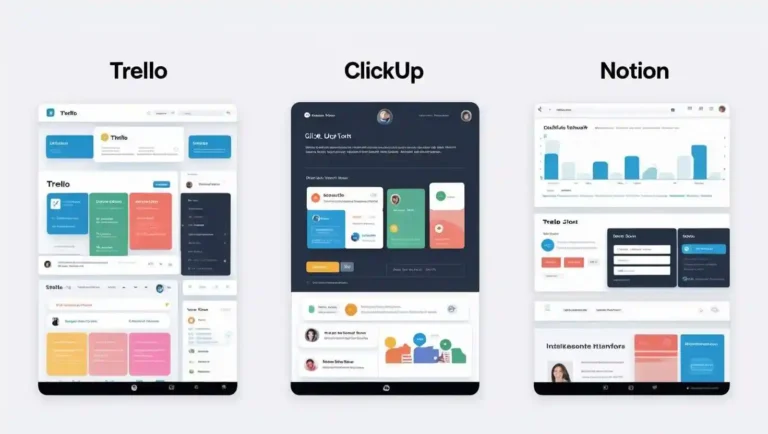 Comparativa visual entre las interfaces de Trello, ClickUp y Notion, mostrando sus paneles de tareas y dashboards personalizados.