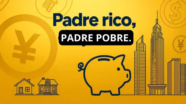 Imagen con fondo amarillo que muestra el texto "Padre rico, Padre pobre" acompañado de un dibujo de alcancía en forma de cerdito en el centro, casas a la izquierda y edificios altos a la derecha, simbolizando la diferencia entre pobreza y riqueza.