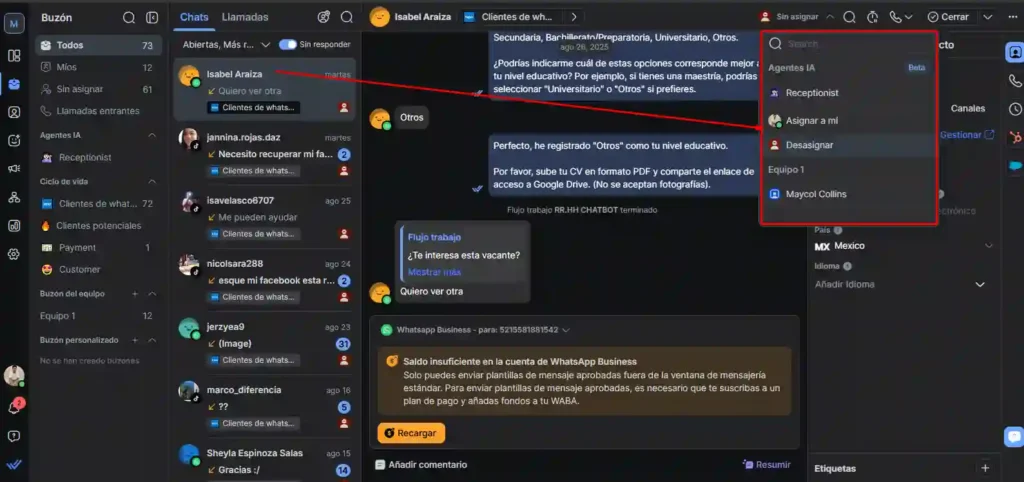 Panel de Respond.io para asignar conversaciones a agentes del equipo