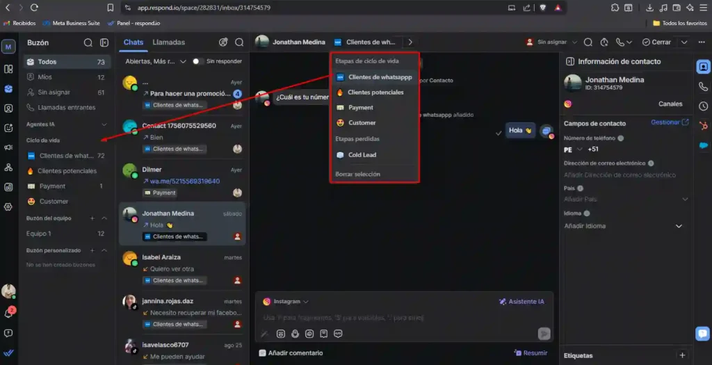 Respond.io ciclo de vida para todos los canales de comunicación